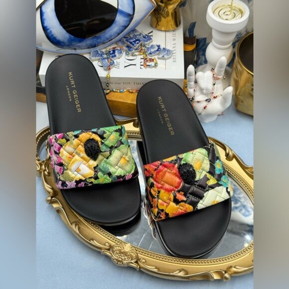 🆕 KURT GEIGER LONDON 🧿 NWOB Meena Eagle Black Floral Print Slides, Sz 39 US8.5 - Picture 5 of 13